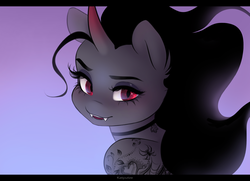 Size: 2362x1713 | Tagged: safe, artist:katputze, king sombra, unicorn, anthro, g4, fangs, female, looking at you, mare, queen umbra, rule 63, slit pupils, smiling, solo, tattoo