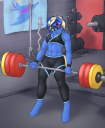 Size: 4118x5018 | Tagged: safe, artist:daf, oc, oc only, oc:enyo, unicorn, anthro, unguligrade anthro, abs, breasts, cleavage, female, lifting, mask, solo, spandex, unicorn oc, weight lifting, weights
