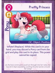 Size: 526x702 | Tagged: safe, artist:pixel-prism, oc, oc only, oc:pretty princess, earth pony, inflatable pony, monster pony, pony, twilight sparkle's secret shipfic folder, bow, earth pony oc, hair bow, inflatable, patreon, patreon logo, pool toy, rubber, saddle, smiling, solo, swimming pool, tack, trading card