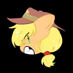 Size: 800x800 | Tagged: safe, artist:snowillusory, applejack, earth pony, pony, g4, angry, black background, bust, chibi, cowboy hat, female, hat, mare, simple background, solo