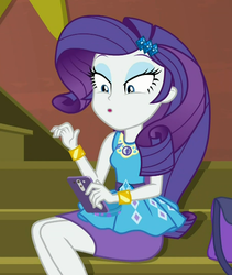 Size: 913x1080 | Tagged: safe, screencap, rarity, human, costume conundrum, equestria girls, g4, my little pony equestria girls: choose your own ending, :o, bracelet, cellphone, clothes, cropped, female, geode of shielding, handbag, jewelry, legs, lidded eyes, magical geodes, open mouth, pencil skirt, phone, rarity peplum dress, skirt, smartphone, solo, sunset's apartment, wide eyes