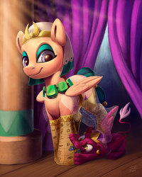 Size: 1500x1871 | Tagged: safe, artist:tsitra360, prince hisan, somnambula, the sphinx, pegasus, pony, sphinx, g4, behaving like a cat, clothes, curtains, cute, duo, eyeshadow, female, glowpaz, looking at you, makeup, mare, micro, shrunk, size difference, smiling, socks, speedpaint available