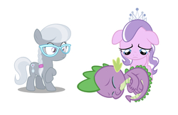 Size: 750x485 | Tagged: safe, artist:brony-works, artist:claritea, artist:iamcommando13, edit, editor:undeadponysoldier, diamond tiara, silver spoon, spike, earth pony, pony, g4, concerned, confused, crying, female, filly, floppy ears, glasses, jewelry, necklace, pearl necklace, sad, simple background, spikelove, tiara, white background