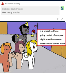 Size: 1161x1272 | Tagged: safe, artist:ask-luciavampire, oc, pegasus, pony, unicorn, vampire, vampony, tumblr:the-vampire-academy, 1000 hours in ms paint, ask, school, tumblr