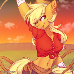 Size: 3000x3000 | Tagged: safe, alternate version, artist:dark--drawz, applejack, earth pony, anthro, g4, belly button, belly piercing, bellyring, biting, clothes, cowboy hat, ear piercing, earring, eyebrows, eyebrows visible through hair, female, freckles, front knot midriff, hat, high res, jewelry, lasso, midriff, one eye closed, piercing, rope, solo, stetson, tongue bite, wink