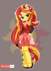 Size: 1000x1407 | Tagged: safe, artist:howxu, sunset shimmer, equestria girls, equestria girls series, g4, alternate hairstyle, clothes, cute, cutie mark background, dress, female, patreon, patreon logo, ponied up, shimmerbetes, solo, super ponied up