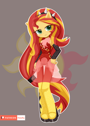 Size: 1000x1407 | Tagged: safe, artist:howxu, sunset shimmer, equestria girls, g4, my little pony equestria girls: better together, alternate hairstyle, clothes, cute, cutie mark background, dress, female, patreon, patreon logo, ponied up, shimmerbetes, solo, super ponied up