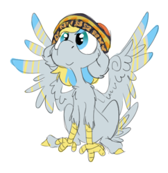 Size: 390x403 | Tagged: safe, artist:lilsunshinesam, oc, oc only, oc:cirrus sky, hippogriff, beanie, hat, quadrupedal, simple background, sitting, smiling, solo, spread wings, white background, wings