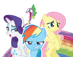 Size: 960x750 | Tagged: safe, fluttershy, rainbow dash, rarity, spike, dragon, pegasus, pony, unicorn, g4, official, female, male, mare, rainbow, simple background, transparent background