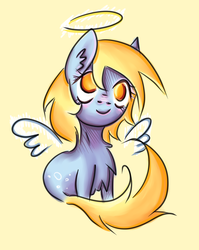 Size: 2383x2993 | Tagged: safe, artist:coco-drillo, derpy hooves, angel, pegasus, pony, g4, blue fur, blushing, chest fluff, chibi, colorful, cute, derpy is an angel, ear fluff, female, food, halo, high res, looking at you, muffin, solo, yellow eyes, yellow mane