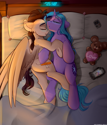 Size: 3000x3500 | Tagged: safe, artist:hitbass, artist:skitsroom, derpibooru exclusive, oc, oc only, oc:eleane tih, oc:mayata, bear, pegasus, pony, unicorn, bed, bedroom, collaboration, cute, duo, eyes closed, female, game boy, heart, high res, horn, hug, love, mare, shipping, sleeping, toy, wings