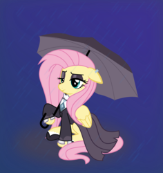Size: 1909x2018 | Tagged: safe, artist:mazli, fluttershy, pegasus, pony, fake it 'til you make it, g4, bored, clothes, female, fluttergoth, rain, simple background, sitting, solo, umbrella, vector