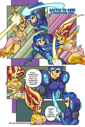 Size: 599x891 | Tagged: safe, artist:art-2u, flash sentry, sunset shimmer, comic:a battle to save a possessed soul, equestria girls, g4, abs, arm cannon, armor, armpits, big breasts, blade, breasts, busty sunset shimmer, comic, commission, corrupted, dark samus, daydream shimmer, duel, energy weapon, female, fight, male, metroid, metroid prime, phazon, possessed, weapon
