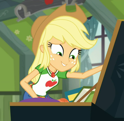 Size: 1101x1080 | Tagged: safe, screencap, applejack, costume conundrum, costume conundrum: applejack, equestria girls, g4, my little pony equestria girls: choose your own ending, applejack's bedroom, applejack's hat, book, clothes, collar, cowboy hat, cropped, denim skirt, female, freckles, geode of super strength, hair, hat, leaning forward, looking down, magical geodes, peak, ponytail, shirt, skirt, smiling, solo, t-shirt, teenager, trunk