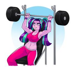 Size: 2550x2400 | Tagged: safe, artist:ambris, aria blaze, equestria girls, g4, aria brute, aria buff, armpits, belly button, bench press, blushing, breasts, cleavage, clothes, female, high res, midriff, muscles, pigtails, solo, sports bra, sweat, twintails, weight lifting, workout, wristband