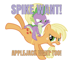 Size: 750x669 | Tagged: safe, artist:sulyo, edit, editor:undeadponysoldier, applejack, spike, dragon, earth pony, pony, g4, aggressive, angry, dragons riding ponies, duo, duo male and female, female, hatless, male, meme, missing accessory, riding, riding a pony, rodeo, ship:applespike, shipping, simple background, spike riding applejack, spike want, straight, text, white background