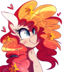 Size: 1280x1451 | Tagged: safe, artist:jxst-starly, pear butter, earth pony, pony, g4, bust, cute, female, floating heart, flower, flower in hair, heart, pearabetes, portrait, silly, silly pony, simple background, solo, tongue out, transparent background