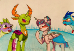 Size: 2356x1616 | Tagged: safe, artist:nomearts, princess ember, princess flurry heart, spike, thorax, alicorn, changedling, changeling, dragon, pony, g4, bisexual, blushing, clothes, dragoness, dress, embarrassed, emberheart, female, gay, giggling, hey, king thorax, lesbian, male, mare, objection, older, older flurry heart, ship:flurrax, ship:thoraxspike, shipping, straight