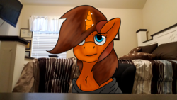 Size: 2592x1458 | Tagged: safe, artist:mcsplosion, oc, oc:painterly flair, pony, unicorn, annoyed, baggy shirt, bedroom, clothes, context in description, desk, female, glowing horn, horn, human to pony, irl, photo, ponies in real life, post-transformation, real life background, solo, transformation