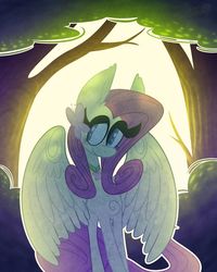 Size: 1024x1280 | Tagged: safe, artist:puddingandp1, fluttershy, pony, g4, backlighting, element of kindness, female, forest, hair accessory, heart eyes, smiling, solo, wingding eyes