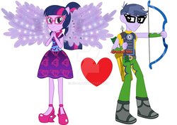 Size: 1065x750 | Tagged: safe, artist:bc-ls, micro chips, sci-twi, twilight sparkle, human, equestria girls, g4, my little pony equestria girls: better together, arrow, bow (weapon), bow and arrow, female, male, microlight, ponied up, shipping, straight, weapon