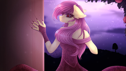 Size: 3840x2160 | Tagged: safe, artist:elektra-gertly, fluttershy, bat pony, anthro, g4, bat ponified, claw marks, clothes, dress, fangs, female, fingerless gloves, floppy ears, flutterbat, gloves, high res, looking at you, looking back, looking back at you, night, piercing, race swap, red eyes, signature, slit pupils, smiling, solo, wingless