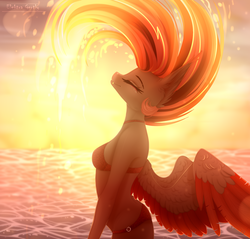 Size: 1960x1870 | Tagged: safe, artist:elektra-gertly, oc, oc only, pegasus, anthro, anthro oc, backlighting, beach, bikini, breasts, clothes, colored wings, eyes closed, fangs, female, hair flip, mare, multicolored wings, ocean, signature, smiling, solo, spread wings, sunset, swimsuit, wet mane, windswept mane, wings