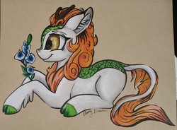 Size: 2122x1561 | Tagged: safe, artist:gleamydreams, autumn blaze, kirin, g4, sounds of silence, cloven hooves, female, flower, golden eyes, mare, smiling, solo, traditional art