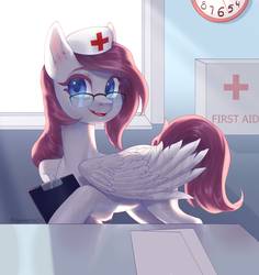 Size: 3286x3481 | Tagged: safe, artist:helemaranth, oc, oc only, oc:astral heart, pegasus, pony, rcf community, clock, commission, female, glasses, hat, high res, mare, nurse, nurse hat, smiling, solo