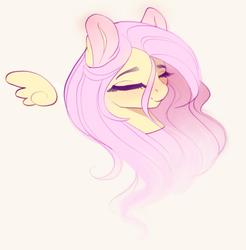 Size: 1493x1519 | Tagged: safe, artist:evehly, fluttershy, pegasus, pony, g4, bust, eyes closed, female, floating wings, mare, simple background, solo, wings, yellow background