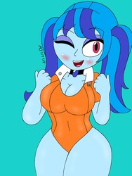 Size: 1932x2576 | Tagged: safe, artist:c_w, sonata dusk, equestria girls, g4, big breasts, blushing, breasts, busty sonata dusk, clothes, cosplay, costume, diane the serpent's sin of envy, eyeshadow, female, jewelry, looking at you, makeup, one eye closed, pendant, pigtails, plump, smiling, solo, the seven deadly sins, wink