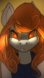 Size: 1080x1920 | Tagged: safe, artist:noben, oc, oc only, oc:ginger ale, earth pony, pony, angry, clothes, commission, earth pony oc, female, freckles, frown, glowing eyes, looking at you, solo, vest