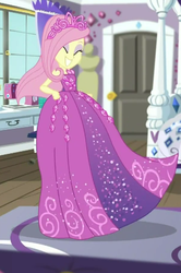 Size: 402x604 | Tagged: safe, screencap, fluttershy, costume conundrum, costume conundrum: rarity, equestria girls, g4, my little pony equestria girls: choose your own ending, beautiful, clothes, cropped, dress, eyes closed, female, flutterbeautiful, gown, princess costume, princess fluttershy, rarity's bedroom, sleeveless, smiling, solo