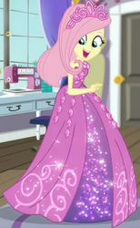 Size: 312x508 | Tagged: safe, screencap, fluttershy, costume conundrum, costume conundrum: rarity, equestria girls, g4, my little pony equestria girls: better together, beautiful, clothes, cropped, cute, dress, female, flutterbeautiful, gown, happy, jewelry, looking down, princess costume, princess fluttershy, rarity's bedroom, shyabetes, sleeveless, smiling, solo, tiara, twirl