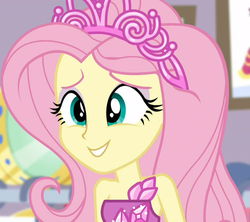 Size: 1015x900 | Tagged: safe, screencap, fluttershy, costume conundrum, equestria girls, equestria girls series, g4, spoiler:choose your own ending (season 2), spoiler:eqg series (season 2), beautiful, clothes, costume conundrum: rarity, cropped, cute, dress, female, jewelry, princess fluttershy, rarity's bedroom, shyabetes, sleeveless, smiling, solo, tiara
