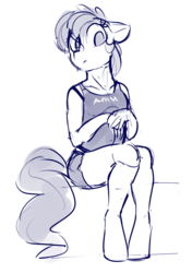 Size: 1165x1657 | Tagged: safe, artist:dimfann, anthro, clothes, monochrome, shorts, simple background, sitting, sketch, solo, tank top, white background