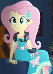 Size: 582x805 | Tagged: safe, screencap, fluttershy, costume conundrum, equestria girls, g4, my little pony equestria girls: choose your own ending, controller, cropped, cute, female, geode of fauna, headphones, headset mic, magical geodes, shyabetes, sitting, solo, sunset's apartment