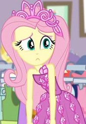Size: 309x443 | Tagged: safe, screencap, fluttershy, costume conundrum, equestria girls, equestria girls series, g4, spoiler:choose your own ending (season 2), spoiler:eqg series (season 2), clothes, costume conundrum: rarity, cropped, cute, dress, female, frown, jewelry, princess fluttershy, rarity's bedroom, seriously, sleeveless, solo, tiara