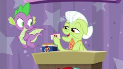 Size: 1920x1080 | Tagged: safe, screencap, granny smith, spike, dragon, earth pony, pony, a trivial pursuit, g4, claws, female, male, mare, winged spike, wings
