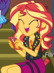 Size: 540x725 | Tagged: safe, screencap, sunset shimmer, costume conundrum, equestria girls, equestria girls series, g4, spoiler:choose your own ending (season 2), spoiler:eqg series (season 2), cropped, cute, geode of empathy, iphone, laughing, magical geodes, offscreen character, shimmerbetes, smiling, solo focus, sunset's apartment