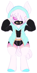 Size: 2206x4322 | Tagged: safe, artist:taaffeiite, derpibooru exclusive, oc, oc only, oc:trinity, earth pony, anthro, anthro oc, belt, clothes, colored hooves, colored sclera, colored sketch, female, hair over one eye, jacket, long sleeves, looking at you, mare, mask, midriff, painted nails, short shirt, shorts, simple background, sketch, solo, transparent background