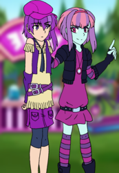 Size: 932x1350 | Tagged: safe, artist:fantasygerard2000, sunny flare, oc, oc:magus eveningstar, equestria girls, g4, my little pony equestria girls: better together, alternate clothes, belt, boots, clothes, dress, fingerless gloves, gloves, hat, jewelry, necklace, necktie, shoes, starswirl music festival, stockings, thigh highs