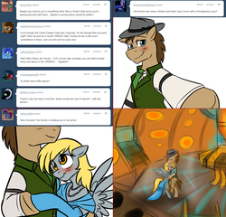 Size: 1562x1502 | Tagged: safe, artist:jitterbugjive, derpy hooves, doctor whooves, time turner, earth pony, pony, lovestruck derpy, g4, bipedal, blushing, clothes, dancing, doctor who, dress, female, hat, male, ship:doctorderpy, shipping, straight, tardis, tardis console room, tardis control room, the doctor
