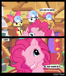 Size: 640x743 | Tagged: safe, edit, edited screencap, editor:teren rogriss, screencap, apple bloom, pinkie pie, scootaloo, sweetie belle, earth pony, pegasus, pony, unicorn, g4, stare master, the one where pinkie pie knows, too many pinkie pies, cutie mark crusaders, female, filly, fluttershy's cottage, foal, g3 faic, hammer, hooves, mare, modular, mouth hold, pinkie pieces, pinkie's silly face, wings