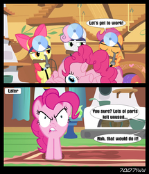 Size: 640x743 | Tagged: safe, edit, edited screencap, editor:teren rogriss, screencap, apple bloom, pinkie pie, scootaloo, sweetie belle, crab pony, earth pony, pegasus, pony, unicorn, g4, stare master, the one where pinkie pie knows, angry, cutie mark crusaders, female, filly, fluttershy's cottage, foal, hammer, hooves, mare, meme, modular, mouth hold, pinkie pieces, wings