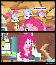 Size: 640x743 | Tagged: safe, edit, edited screencap, editor:teren rogriss, screencap, apple bloom, pinkie pie, scootaloo, sweetie belle, earth pony, pegasus, pony, unicorn, equestria girls, equestria girls specials, g4, my little pony equestria girls: better together, my little pony equestria girls: forgotten friendship, stare master, the one where pinkie pie knows, clothes, cutie mark crusaders, female, filly, fluttershy's cottage, foal, hammer, hooves, modular, mouth hold, one-piece swimsuit, open mouth, pinkie pieces, sad, shivering, swimsuit, wings