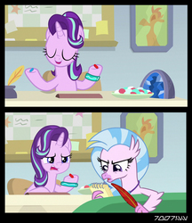 Size: 640x741 | Tagged: safe, edit, edited screencap, editor:teren rogriss, screencap, silverstream, starlight glimmer, hippogriff, pony, unicorn, g4, student counsel, blue pill, comic, eyes closed, female, hooves, horn, mare, open mouth, quill, red pill, school of friendship, screencap comic, the matrix