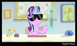 Size: 640x386 | Tagged: safe, edit, edited screencap, editor:teren rogriss, screencap, starlight glimmer, pony, unicorn, g4, interseason shorts, starlight the hypnotist, female, glowing horn, hooves, horn, levitation, magic, mare, men in black, neuralyzer, quill, school of friendship, solo, sunglasses, telekinesis