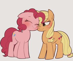 Size: 1137x940 | Tagged: safe, artist:manachaaaaaaaa, applejack, pinkie pie, earth pony, pony, g4, blushing, cute, diapinkes, eyes closed, female, floppy ears, jackabetes, lesbian, mare, missing accessory, nuzzling, one eye closed, ship:applepie, shipping, simple background, smiling