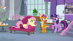 Size: 1280x720 | Tagged: safe, screencap, fluttershy, smolder, twilight sparkle, alicorn, dragon, pegasus, pony, g4, sweet and smoky, animation error, dragoness, fainting couch, female, mare, trio, twilight sparkle (alicorn)